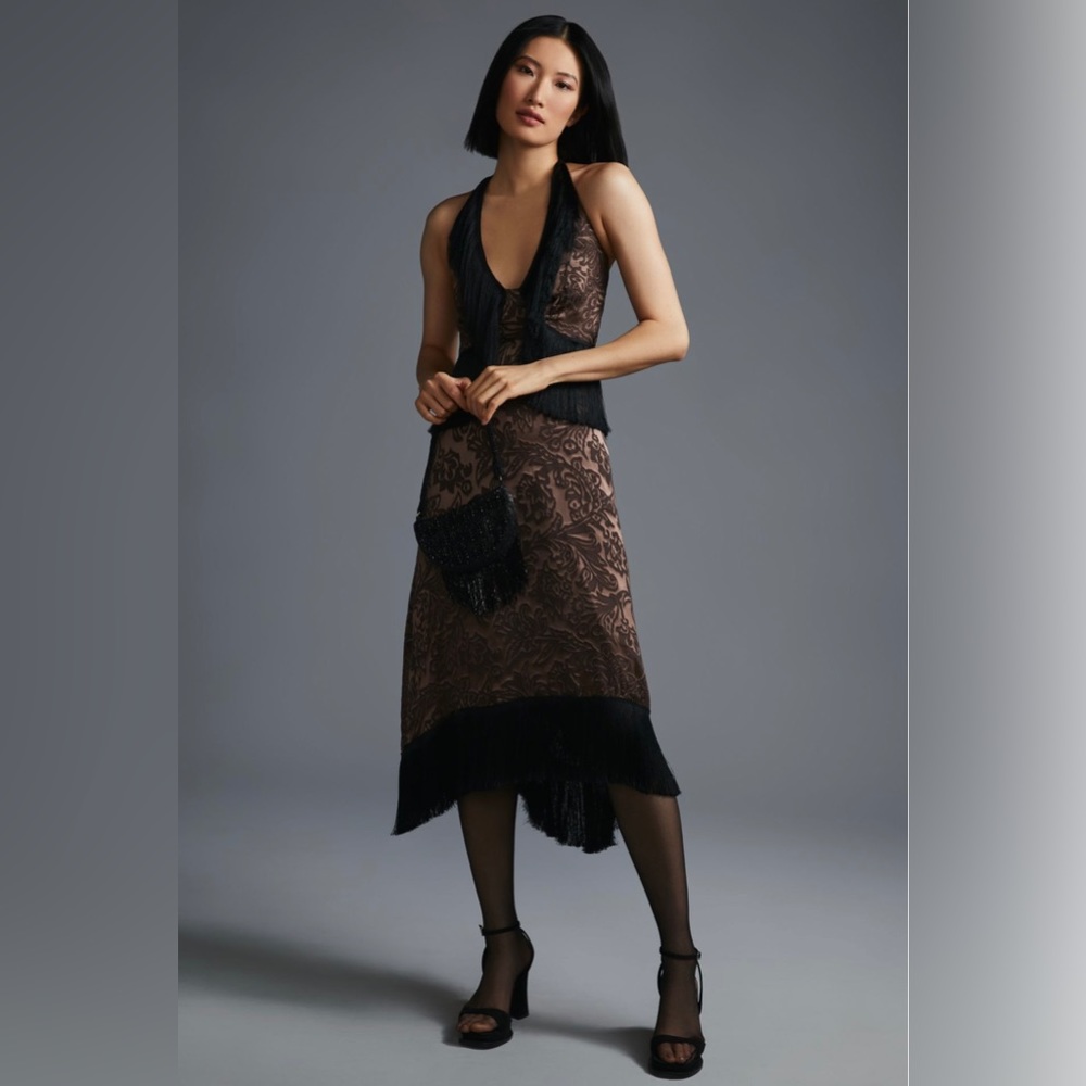 Fringed Velvet Halter Dress by Anthropologie | Size US 2 UK 6